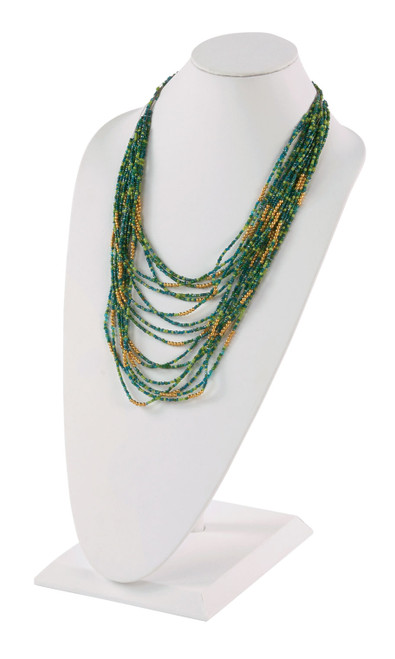 An image of the tall necklace display in white faux leather An image of the tall necklace display in white faux leather