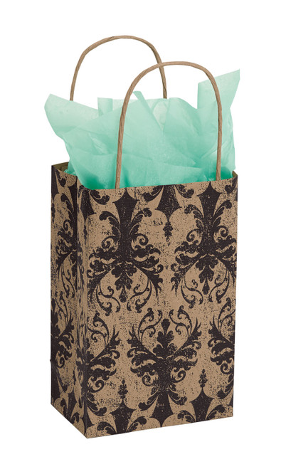 Small Distressed Damask Paper Shopping Bags - Case of 100zoom Small Distressed Damask Paper Shopping Bags - Case of 100zoom