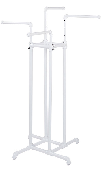 Boutique White Pipe 4-Way Clothing Rack with Straight Armszoom Boutique White Pipe 4-Way Clothing Rack with Straight Armszoom